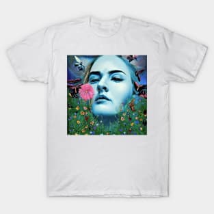 Digital portrait of young  Woman with  flowers and butterflies T-Shirt